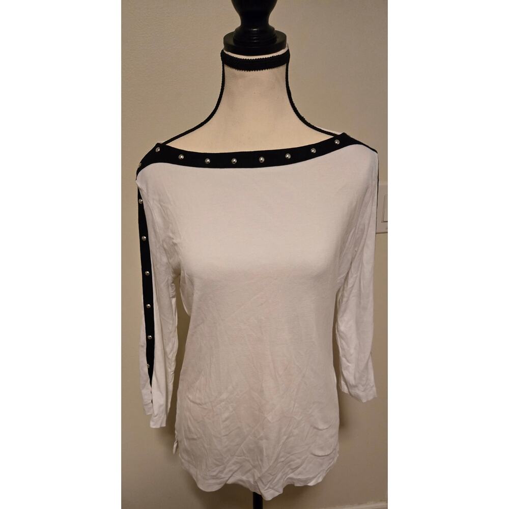 Karen Scott White Long Sleeve boat Neck Top with Black Studded Lining